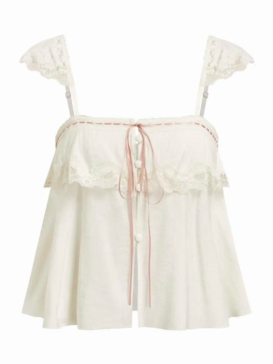 Cider Cream Lace-Trim Button Front Flowy Tank